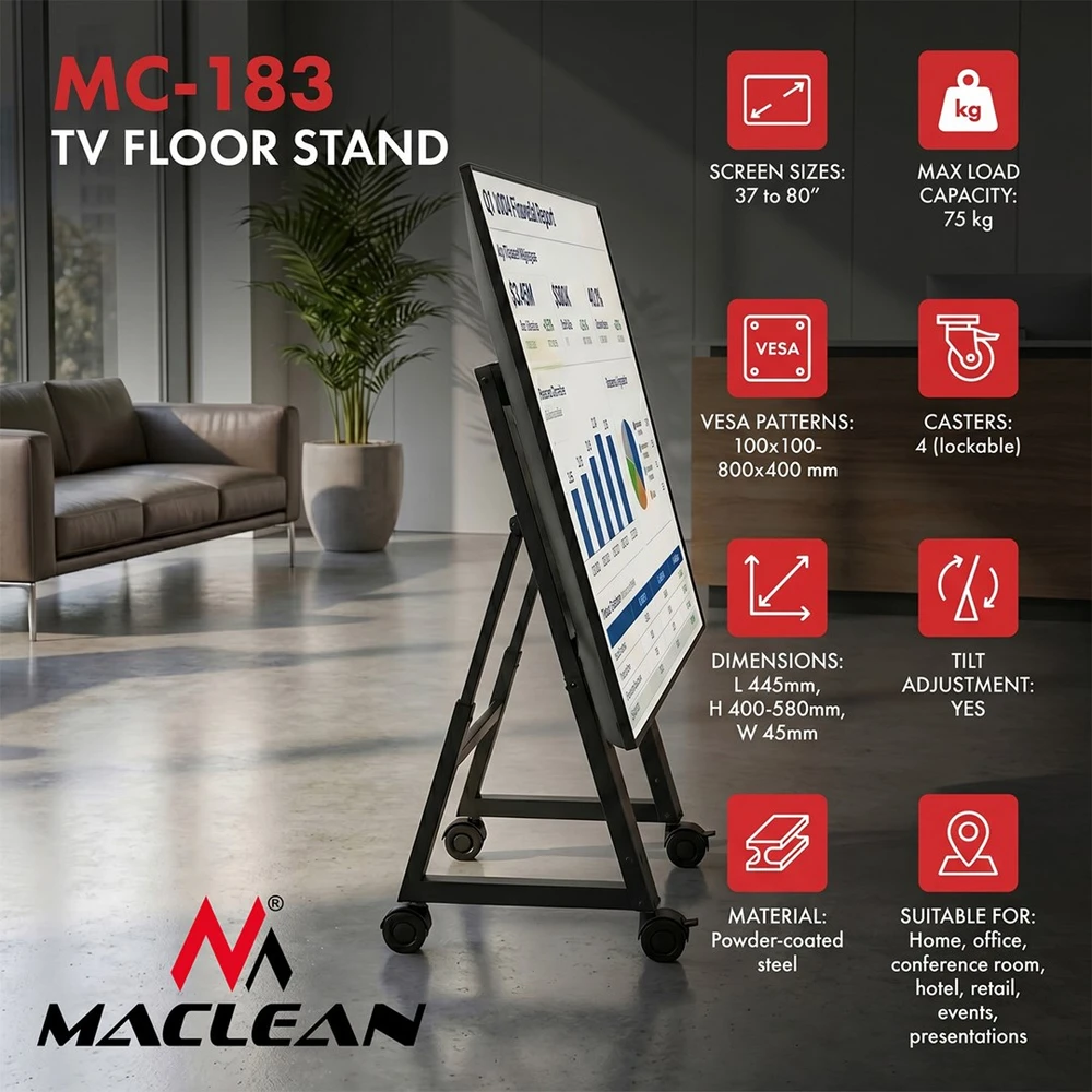 Laikiklis Vežimėlis „Maclean“ televizoriaus vežimėlis/stovas, 37–80 colių, maks. VESA 800x400, maks. 75 kg, mobilus, su ratukų užraktu, MC-183