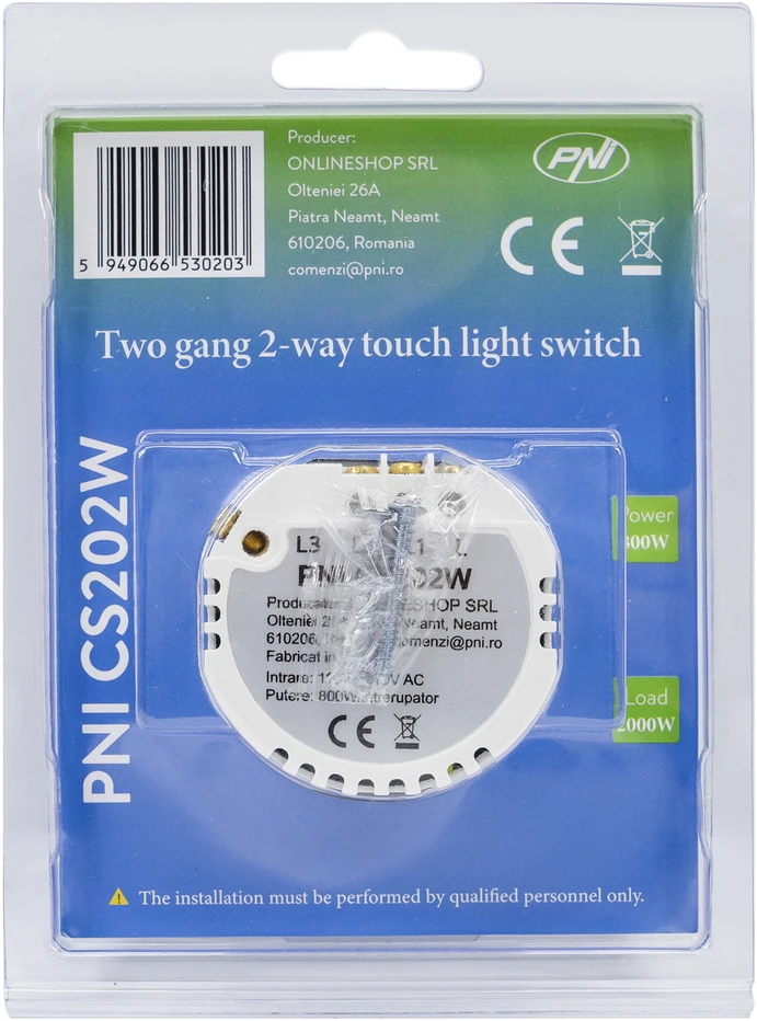 Laiptinis jungiklis ir dvigubas kryžminis jungiklis su PNI CS202W stikliniu jutikliniu paviršiumi, baltas su LED indikatoriumi, 800W / jungiklis