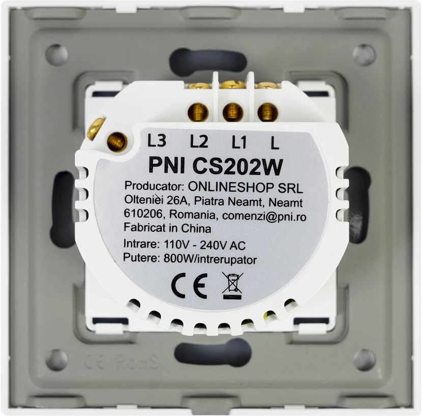 Laiptinis jungiklis ir dvigubas kryžminis jungiklis su PNI CS202W stikliniu jutikliniu paviršiumi, baltas su LED indikatoriumi, 800W / jungiklis