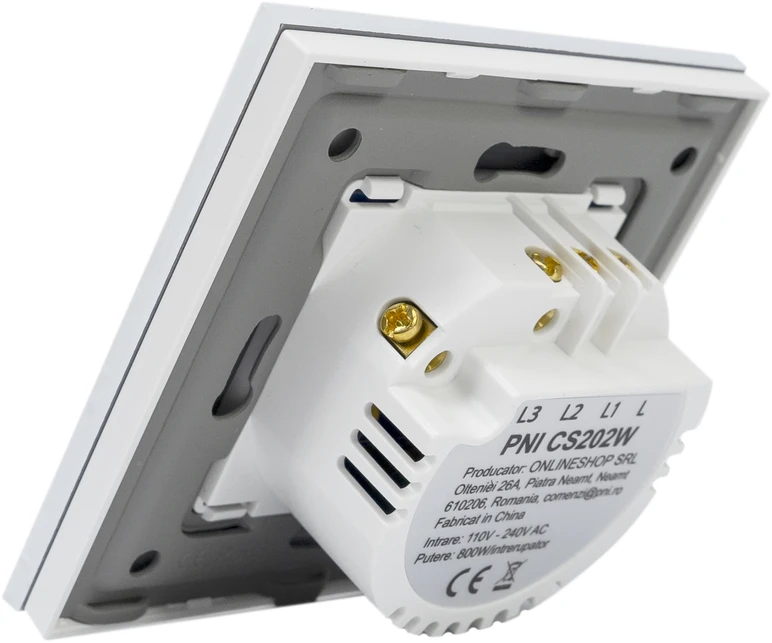 Laiptinis jungiklis ir dvigubas kryžminis jungiklis su PNI CS202W stikliniu jutikliniu paviršiumi, baltas su LED indikatoriumi, 800W / jungiklis