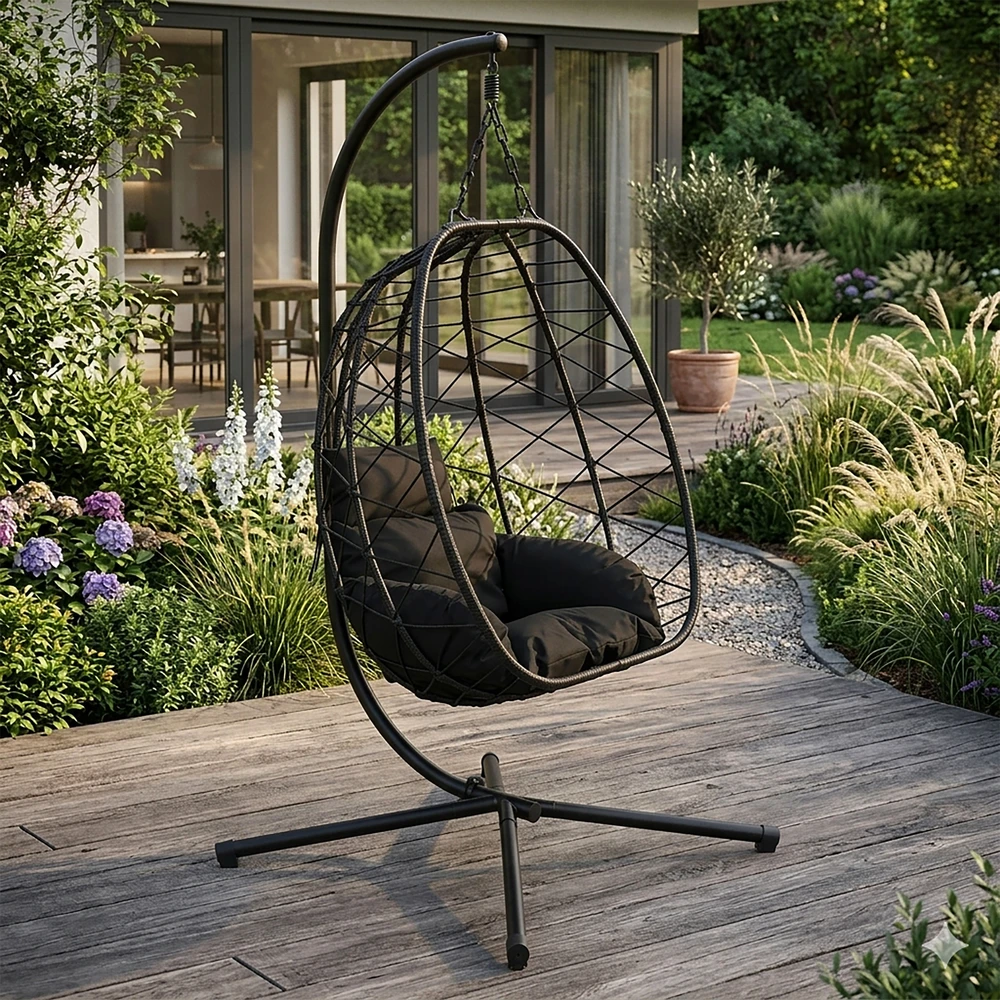 „Cocoon“ pakabinama kėdė, laisvai stovinti, supamoji sodo kėdė, iki 120 kg, pagalvėlės, juodos, „MultiGarden“