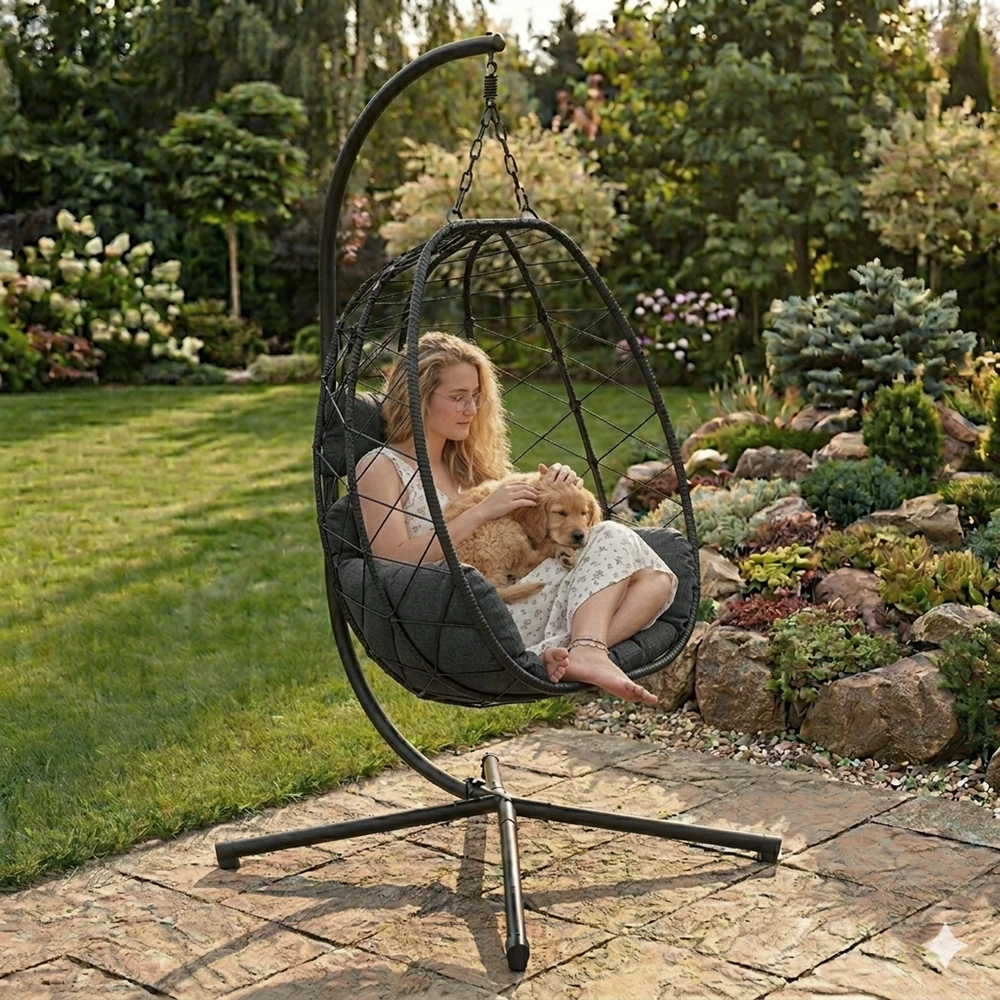 „Cocoon“ pakabinama kėdė, laisvai stovinti, supamoji sodo kėdė, iki 120 kg, pagalvėlės, juodos, „MultiGarden“