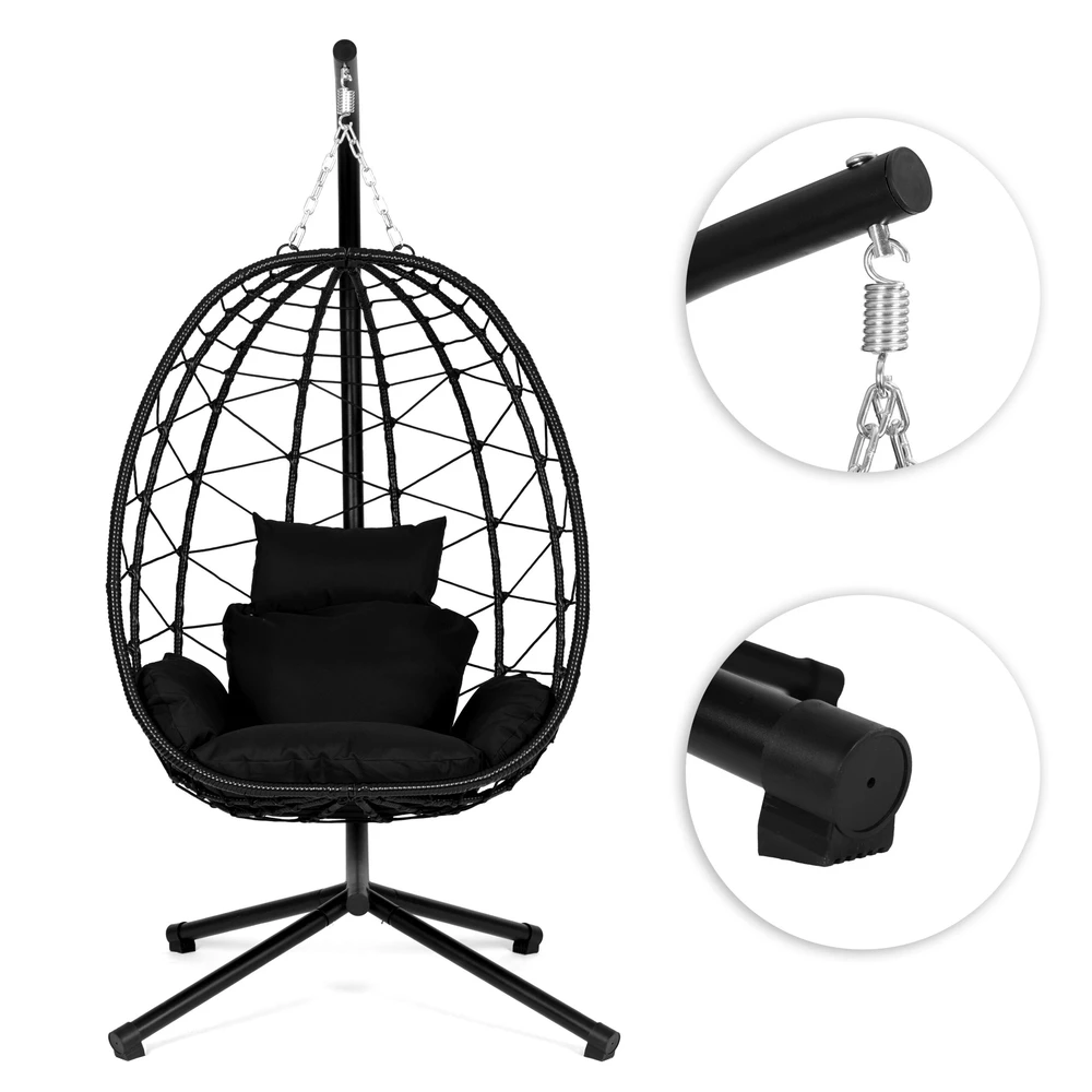 „Cocoon“ pakabinama kėdė, laisvai stovinti, supamoji sodo kėdė, iki 120 kg, pagalvėlės, juodos, „MultiGarden“