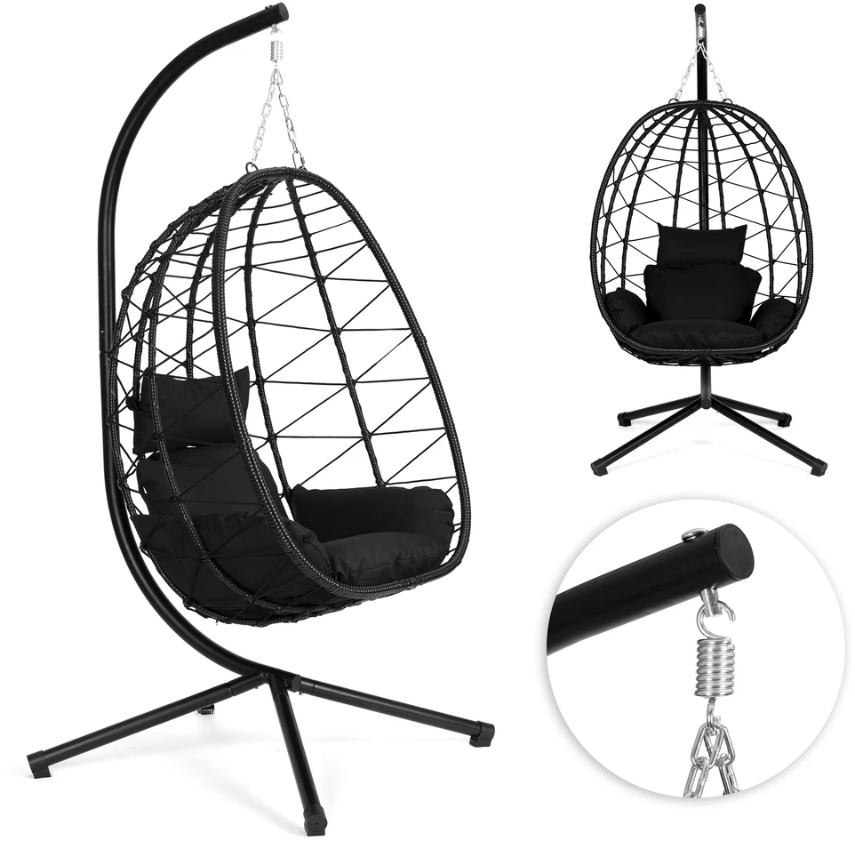 „Cocoon“ pakabinama kėdė, laisvai stovinti, supamoji sodo kėdė, iki 120 kg, pagalvėlės, juodos, „MultiGarden“