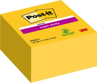 3M Lipnūs lapeliai Post-it Super sticky kubas, 76 x 76 mm, 350 lapelių, geltona