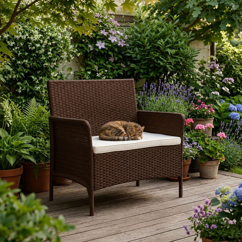 Dvivietė sodo sofa su pagalvėle, suoliukas balkonui, terasai ir sodui, ruda, MultiGarden