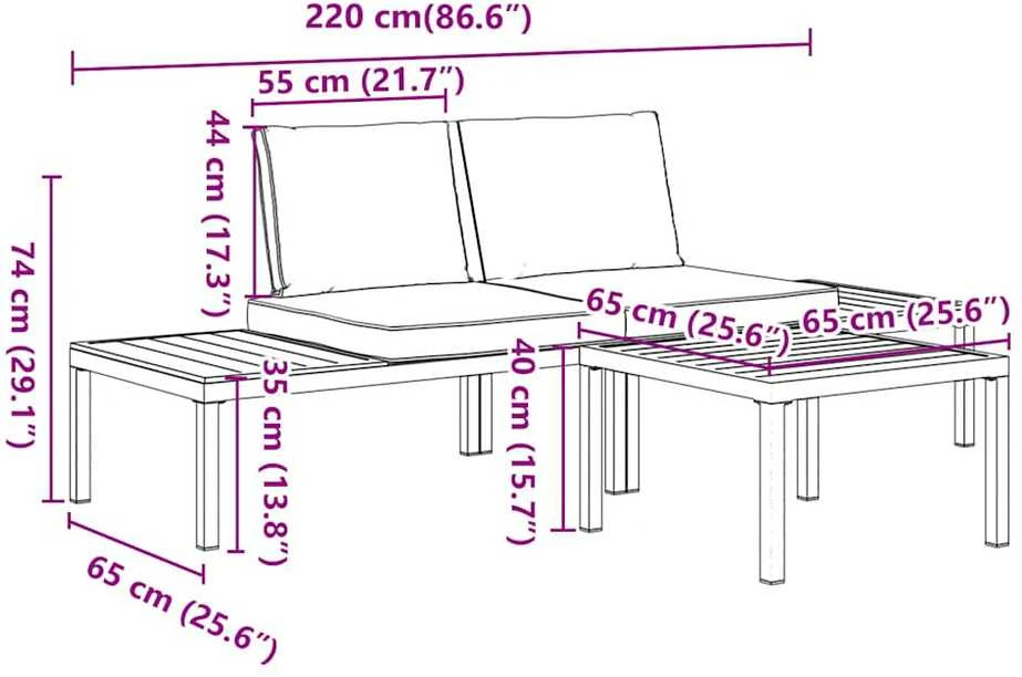 Lauko baldų komplektas Sodo komplektas su pagalvėlėmis, 3 dalių, juodas, aliuminis