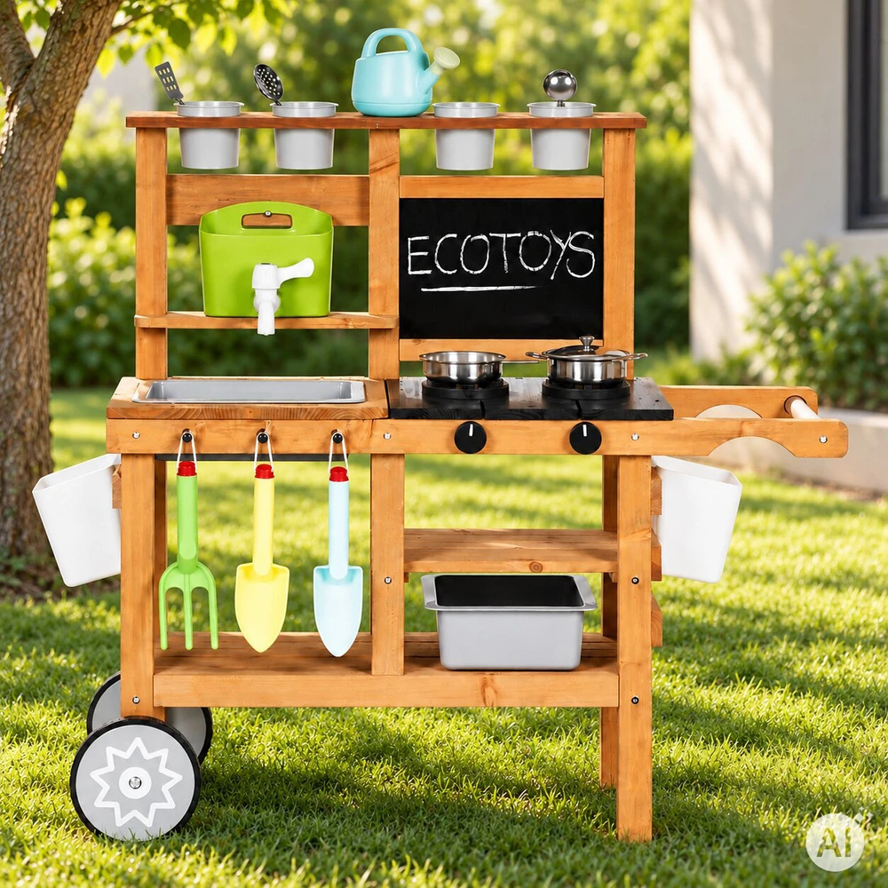 Lauko virtuvėlė vaikams su priedais ir kreidine lenta ECOTOYS