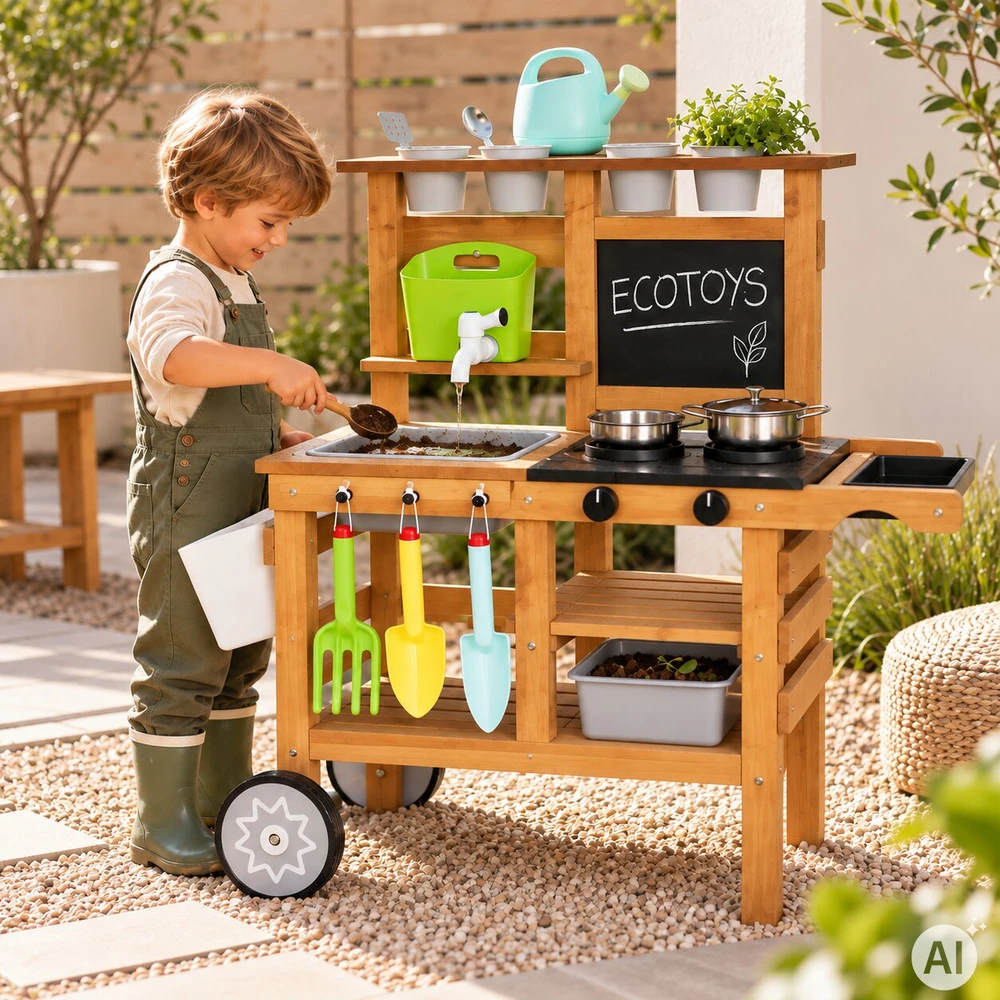 Lauko virtuvėlė vaikams su priedais ir kreidine lenta ECOTOYS