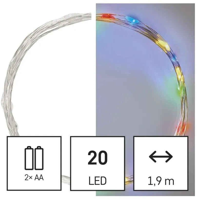 LED girlianda NANO, 3Vac (2xAA), 1.9m, 20 x LED, įvairių spalvų LED, su laikmačiu, EMOS