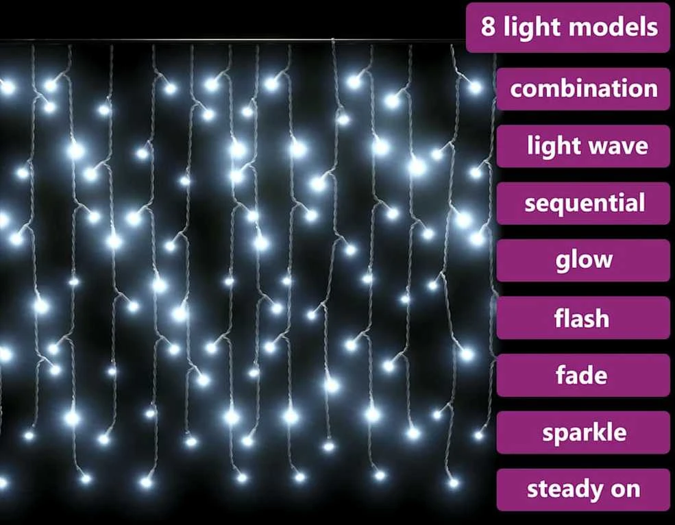LED girlianda varvekliai, 10m, 400 šaltų baltų LED, 8 funkcijos