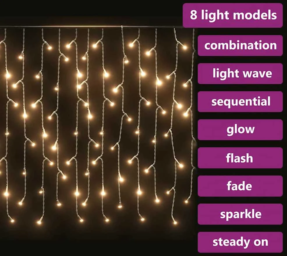 LED girlianda varvekliai, 10m, 400 šiltų baltų LED, 8 funkcijos