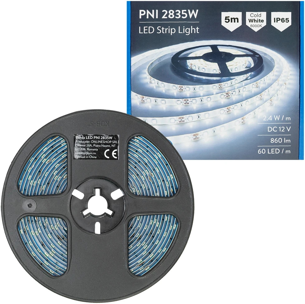 LED juosta PNI 2835W, šaltai balta, IP20, silikoninė, 5 metrų ilgio, jutiklinis mygtukas, maitinimo šaltinis 230V, reguliuojamo ryškumo, 300 LED 2835