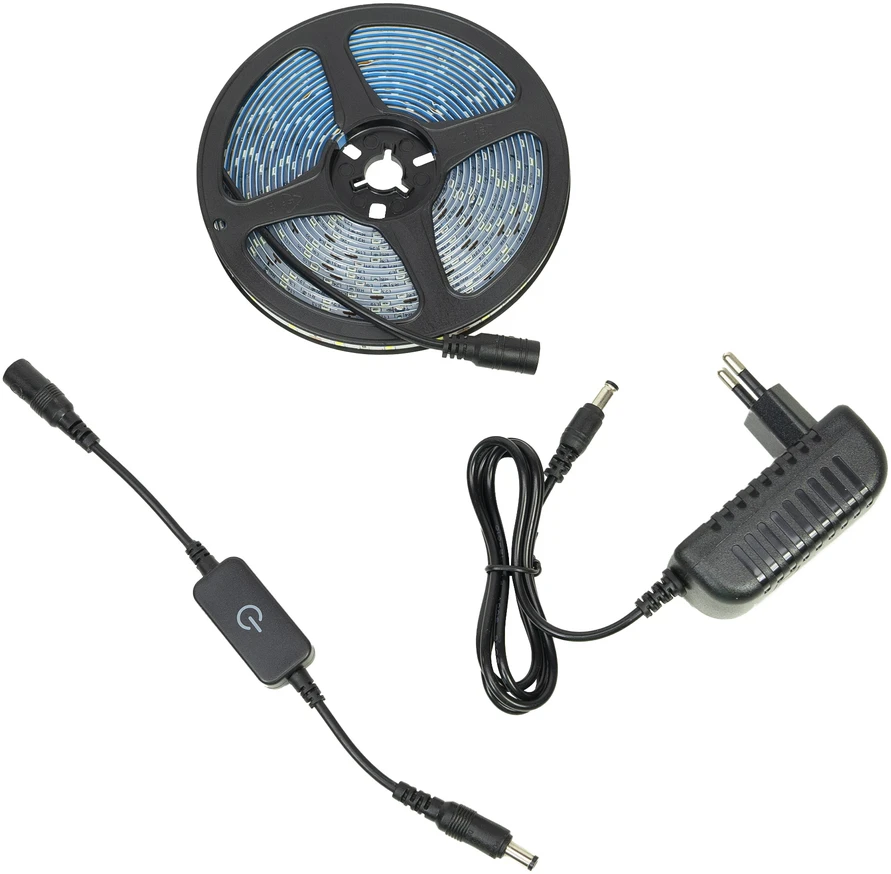 LED juosta PNI 2835W, šaltai balta, IP20, silikoninė, 5 metrų ilgio, jutiklinis mygtukas, maitinimo šaltinis 230V, reguliuojamo ryškumo, 300 LED 2835