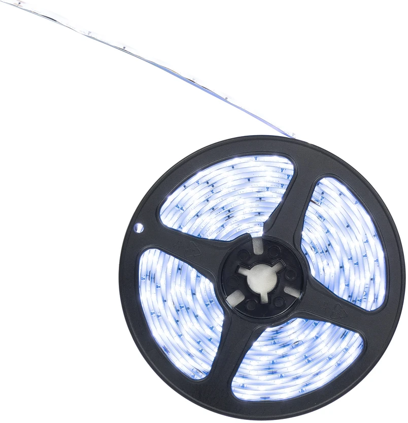LED juosta PNI 2835W, šaltai balta, IP20, silikoninė, 5 metrų ilgio, jutiklinis mygtukas, maitinimo šaltinis 230V, reguliuojamo ryškumo, 300 LED 2835