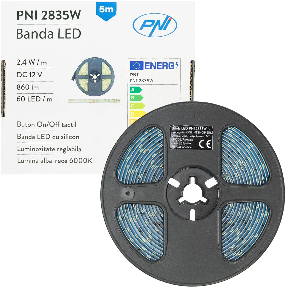 LED juosta PNI 2835W, šaltai balta, IP20, silikoninė, 5 metrų ilgio, jutiklinis mygtukas, maitinimo šaltinis 230V, reguliuojamo ryškumo, 300 LED 2835