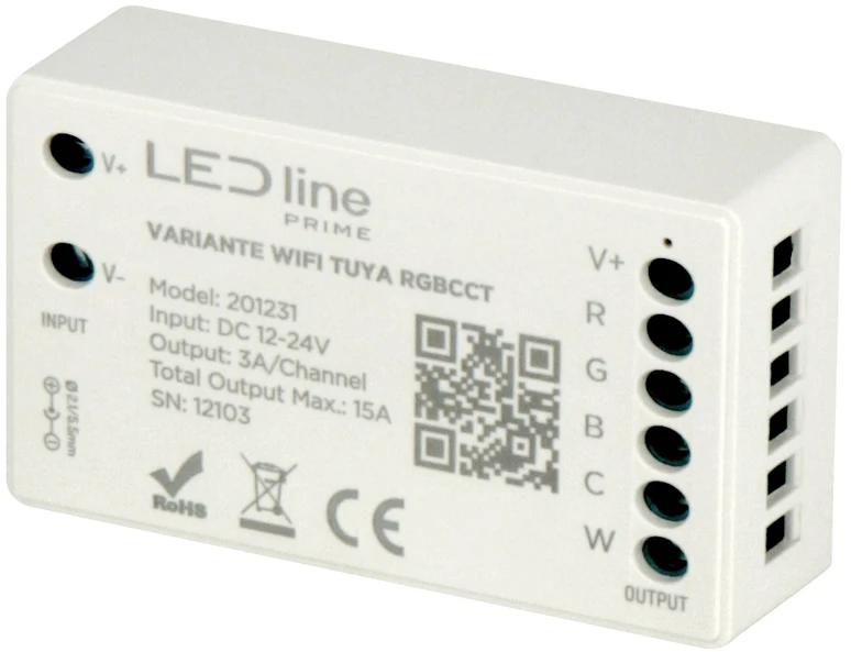 LED juostų valdiklis RGB+CCT, 12/24Vdc, 15A, valdomas RF, Wi-Fi, TUYA, LED line PRIME