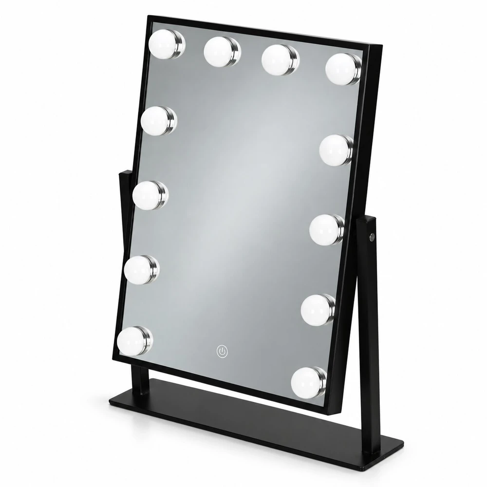 LED kosmetinis veidrodis 30×40 cm su apšvietimu, 3 spalvų režimai, 12 lempučių, juodas ModernHome