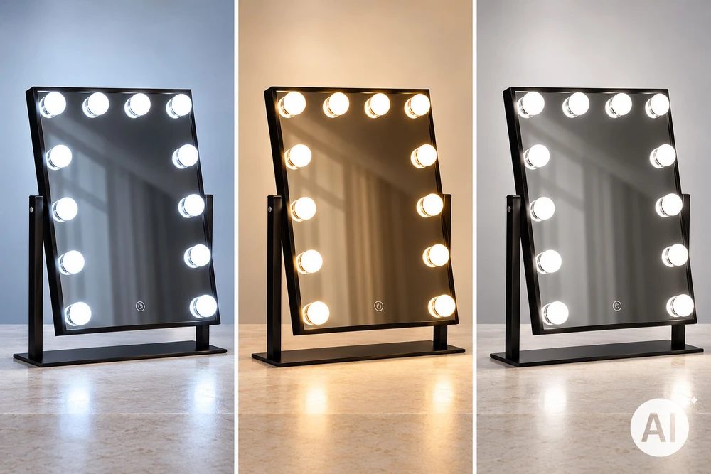 LED kosmetinis veidrodis 30×40 cm su apšvietimu, 3 spalvų režimai, 12 lempučių, juodas ModernHome