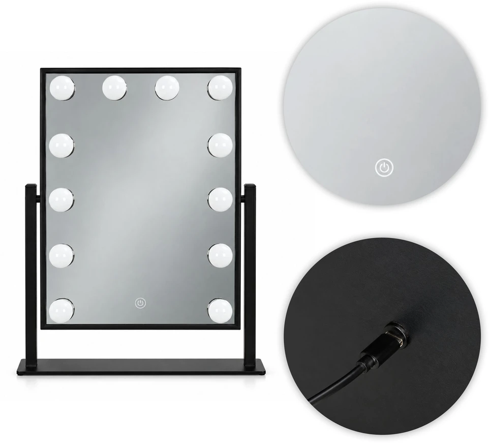 LED kosmetinis veidrodis 30×40 cm su apšvietimu, 3 spalvų režimai, 12 lempučių, juodas ModernHome
