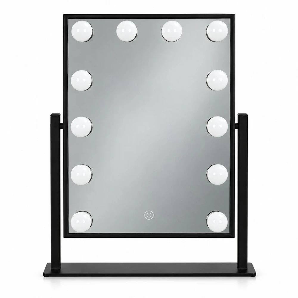 LED kosmetinis veidrodis 30×40 cm su apšvietimu, 3 spalvų režimai, 12 lempučių, juodas ModernHome
