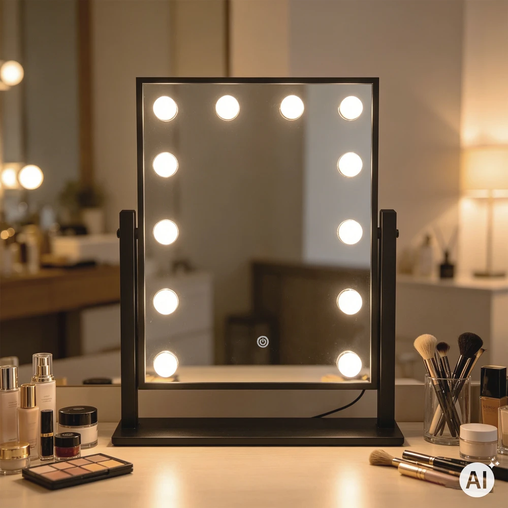 LED kosmetinis veidrodis 30×40 cm su apšvietimu, 3 spalvų režimai, 12 lempučių, juodas ModernHome