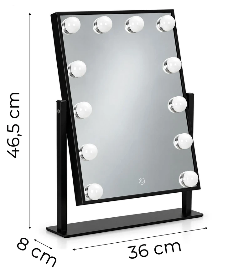 LED kosmetinis veidrodis 30×40 cm su apšvietimu, 3 spalvų režimai, 12 lempučių, juodas ModernHome