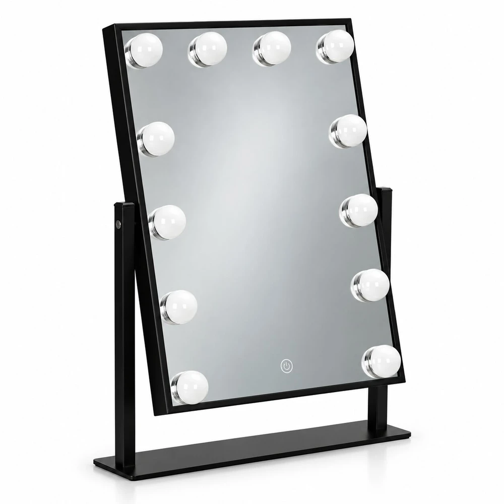 LED kosmetinis veidrodis 30×40 cm su apšvietimu, 3 spalvų režimai, 12 lempučių, juodas ModernHome