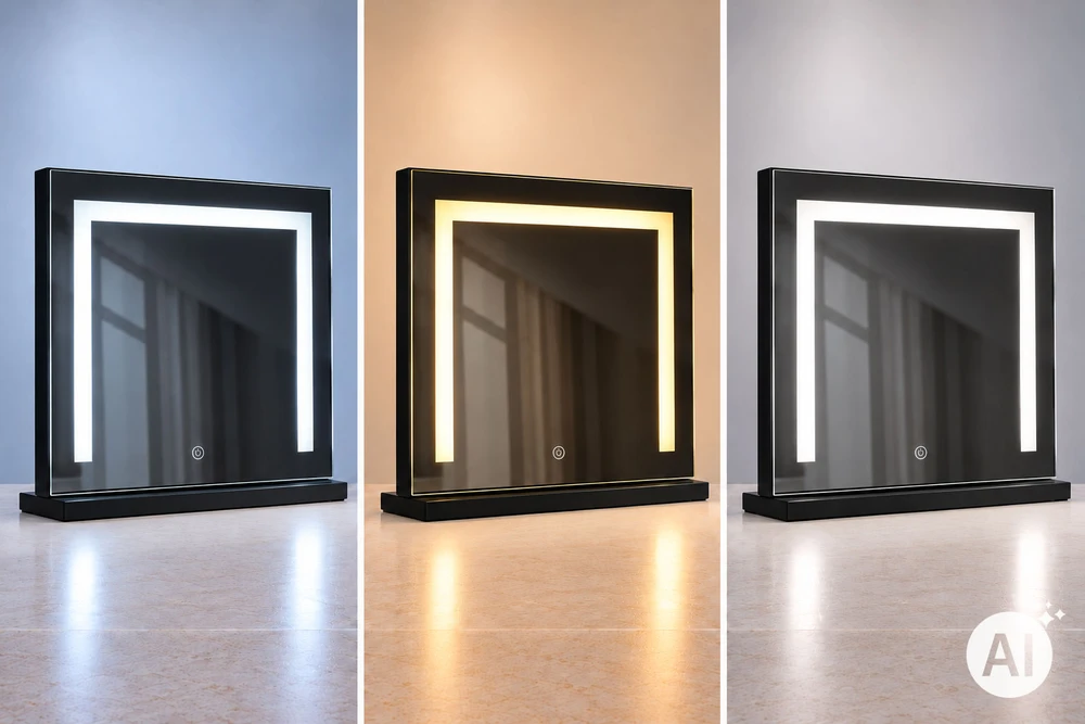 LED kosmetinis veidrodis 50×40 cm su apšvietimu, 3 spalvų režimai, juodas ModernHome