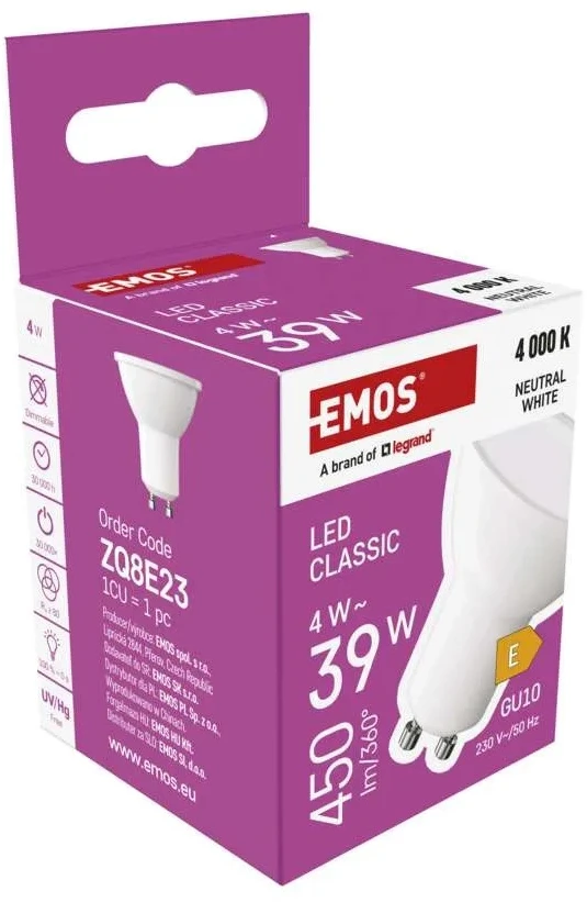 LED lemputė GU10 230V MR16 4W 450lm, neutraliai balta, 4000K, EMOS