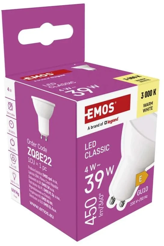 LED lemputė GU10 230V MR16 4W 450lm, šiltai balta, 3000K, EMOS