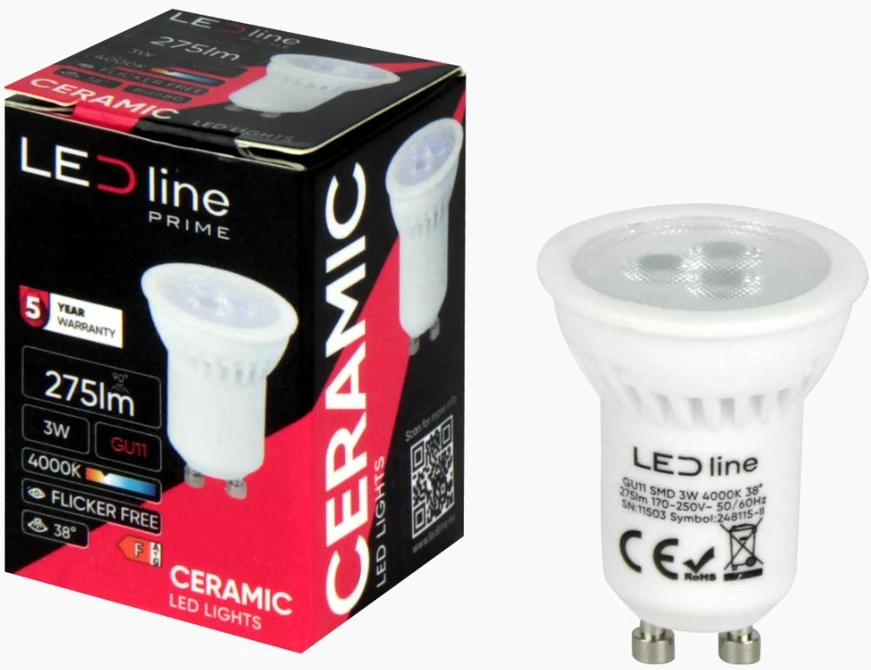 Led Line Prime Lemputė LED GU11 230V 3W 330lm 38° neutraliai balta 4000K, keramikinė, LED line