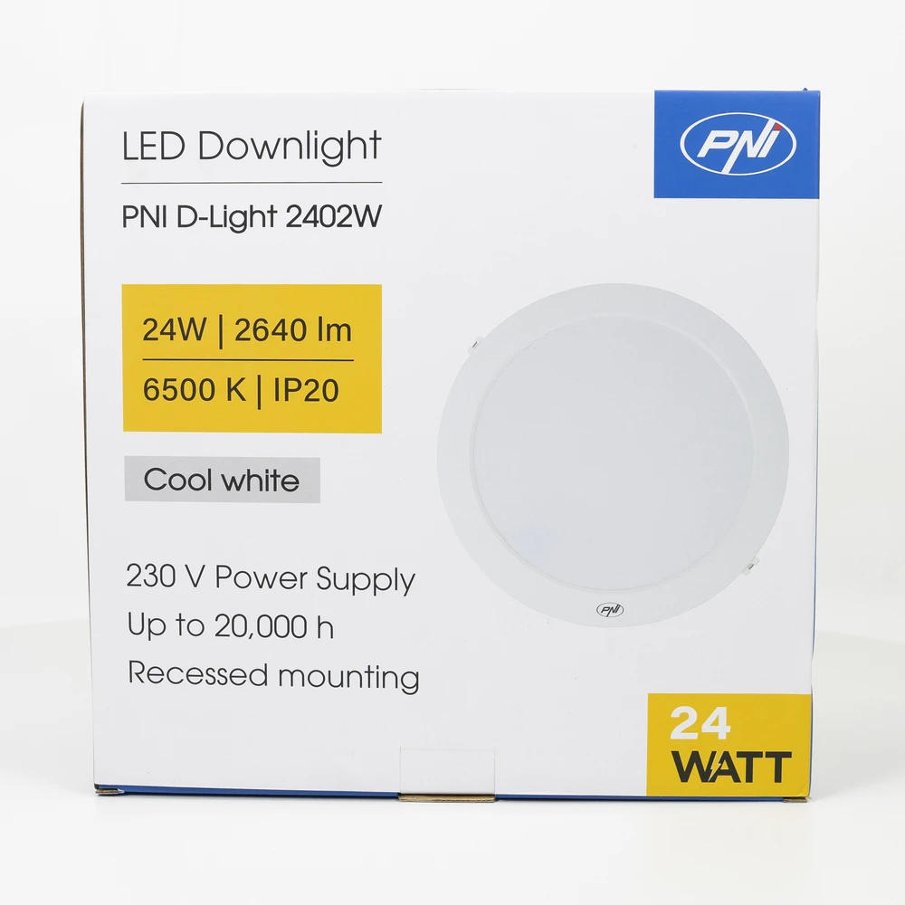 LED lubinis šviestuvas PNI D-Light 2402W 24W, įmontuojamas, apvalus, 6500K, 230V maitinimo šaltinis, 2640 lm, baltas
