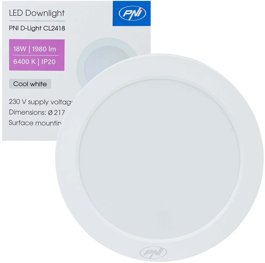 LED lubinis šviestuvas PNI D-Light CL2418 18W, apvalus 21,7 cm, 6400K, 230V, 1980 lm, šaltai balta spalva