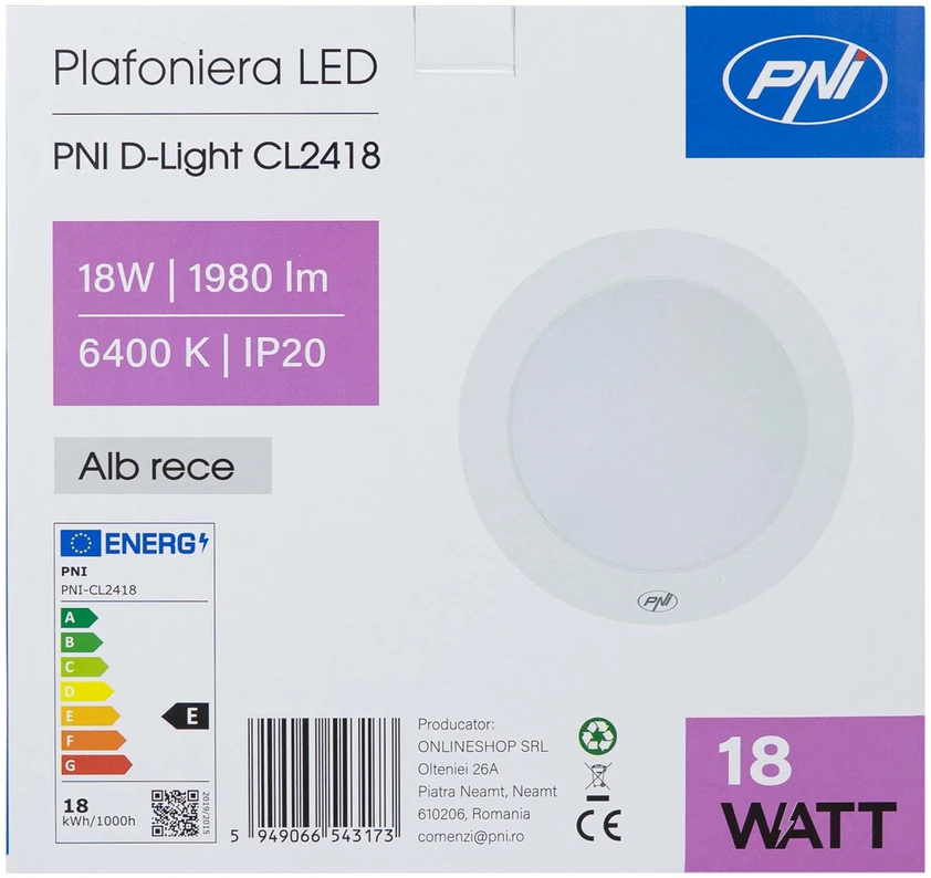 LED lubinis šviestuvas PNI D-Light CL2418 18W, apvalus 21,7 cm, 6400K, 230V, 1980 lm, šaltai balta spalva