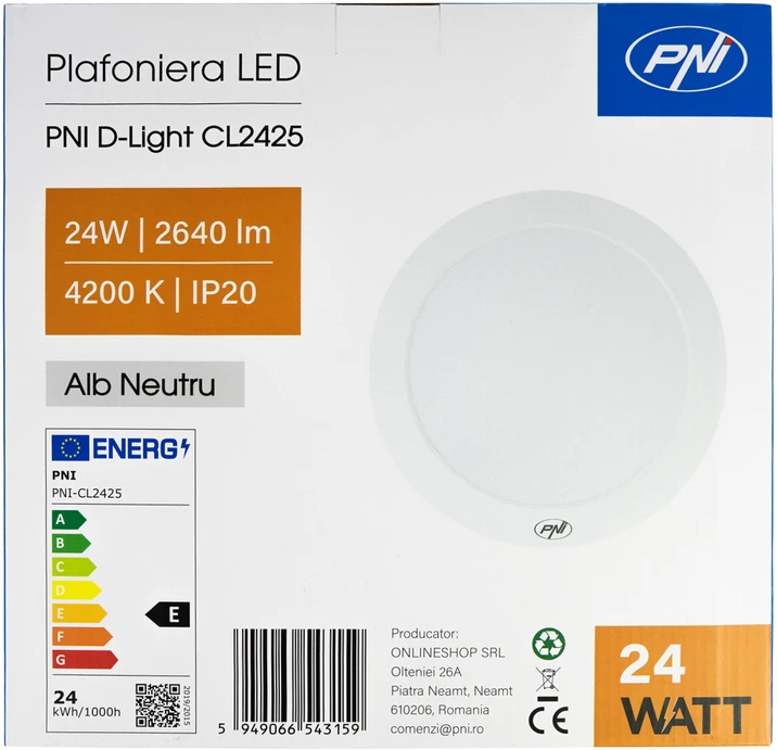 LED lubinis šviestuvas PNI D-Light CL2425 24W, apvalus 29 cm, 4200K, 230V maitinimo šaltinis, 2640 lm, neutrali balta spalva