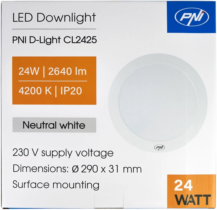 LED lubinis šviestuvas PNI D-Light CL2425 24W, apvalus 29 cm, 4200K, 230V maitinimo šaltinis, 2640 lm, neutrali balta spalva