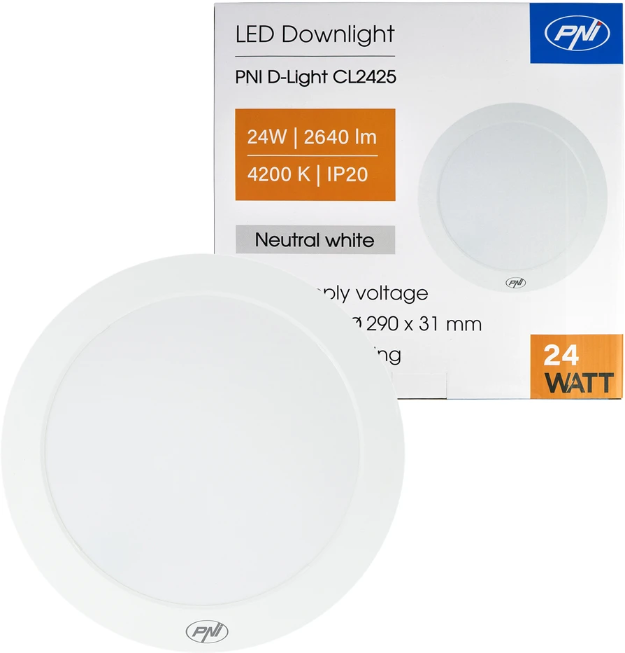 LED lubinis šviestuvas PNI D-Light CL2425 24W, apvalus 29 cm, 4200K, 230V maitinimo šaltinis, 2640 lm, neutrali balta spalva
