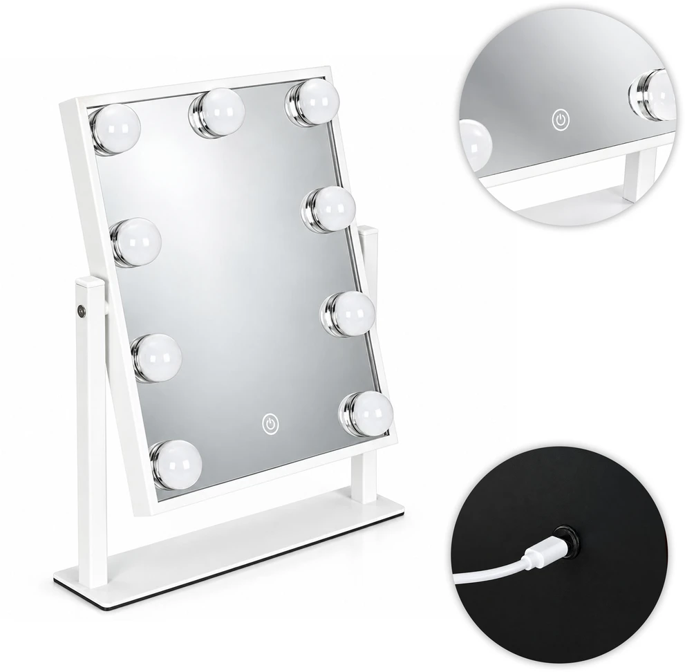LED makiažo veidrodis 25×30 cm kosmetinis su apšvietimu 3 spalvų 9 lemputės ModernHome