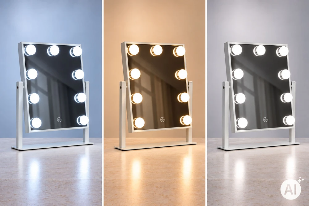 LED makiažo veidrodis 25×30 cm kosmetinis su apšvietimu 3 spalvų 9 lemputės ModernHome