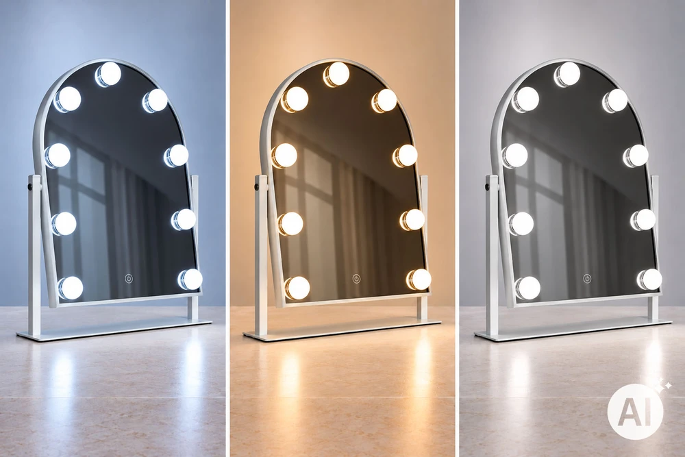 LED makiažo veidrodis 30×40 cm kosmetinis su apšvietimu 3 spalvos 9 lemputės ModernHome