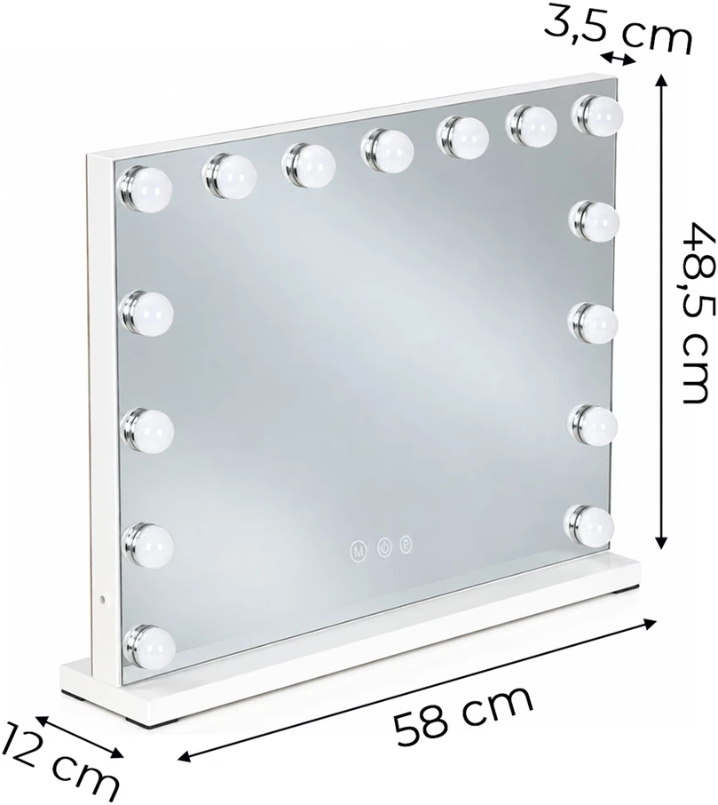LED makiažo veidrodis 57×46 cm kosmetinis su apšvietimu 3 spalvos ryškumo reguliavimas 15 lempučių ModernHome