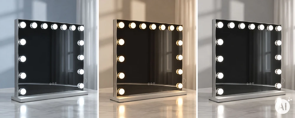 LED makiažo veidrodis 57×46 cm kosmetinis su apšvietimu 3 spalvos ryškumo reguliavimas 15 lempučių ModernHome