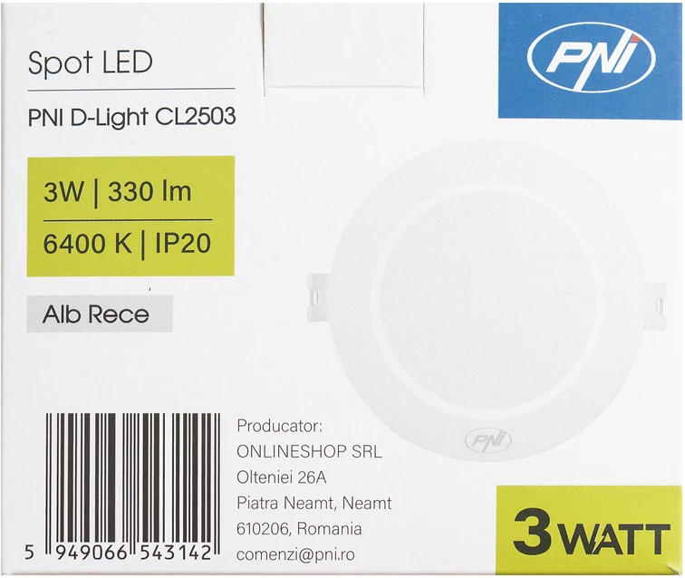 LED prožektorius PNI D-Light CL2503 3W, įleidžiamas, apvalus 9 cm, 6400K, 230V maitinimo šaltinis, 330 lm, šaltai balta spalva