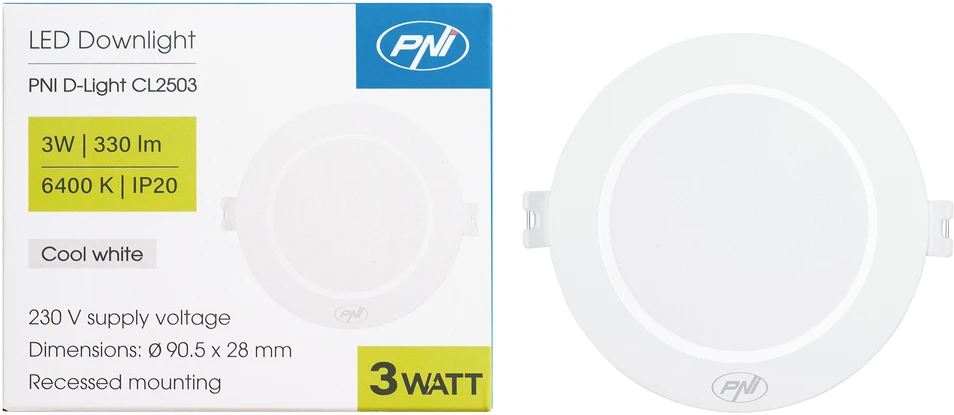 LED prožektorius PNI D-Light CL2503 3W, įleidžiamas, apvalus 9 cm, 6400K, 230V maitinimo šaltinis, 330 lm, šaltai balta spalva