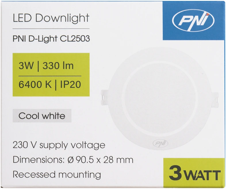 LED prožektorius PNI D-Light CL2503 3W, įleidžiamas, apvalus 9 cm, 6400K, 230V maitinimo šaltinis, 330 lm, šaltai balta spalva