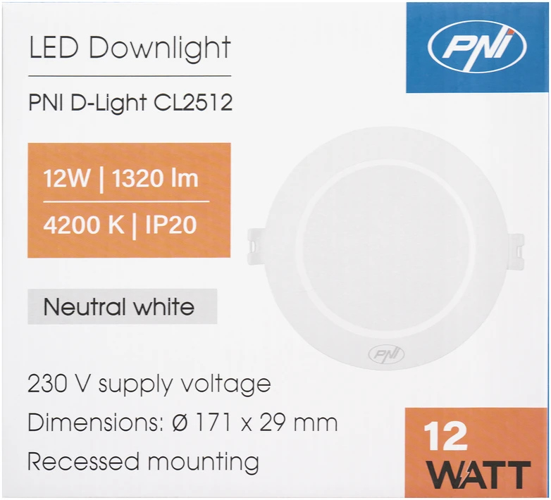 LED prožektorius PNI D-Light CL2512 12W, įleidžiamas, apvalus 17 cm, 4200K, 230V maitinimo šaltinis, 1320 lm, neutrali balta spalva