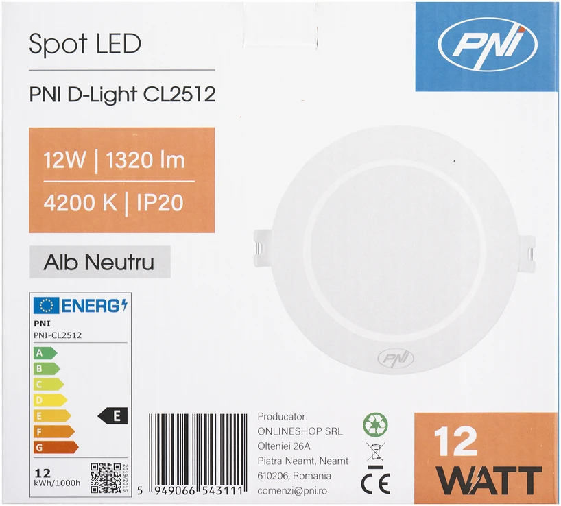 LED prožektorius PNI D-Light CL2512 12W, įleidžiamas, apvalus 17 cm, 4200K, 230V maitinimo šaltinis, 1320 lm, neutrali balta spalva