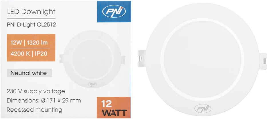 LED prožektorius PNI D-Light CL2512 12W, įleidžiamas, apvalus 17 cm, 4200K, 230V maitinimo šaltinis, 1320 lm, neutrali balta spalva