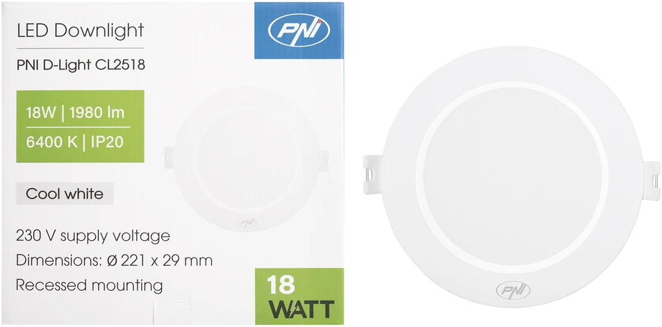 LED prožektorius PNI D-Light CL2518 18W, įleidžiamas, apvalus 22 cm, 6400K, 230V maitinimo šaltinis, 1980 lm, šaltai balta spalva